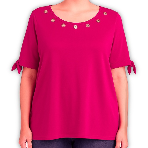 Quacker Factory Pink Knit Grommet Top Rhinestone Split Sleeve 1X - Picture 1 of 9